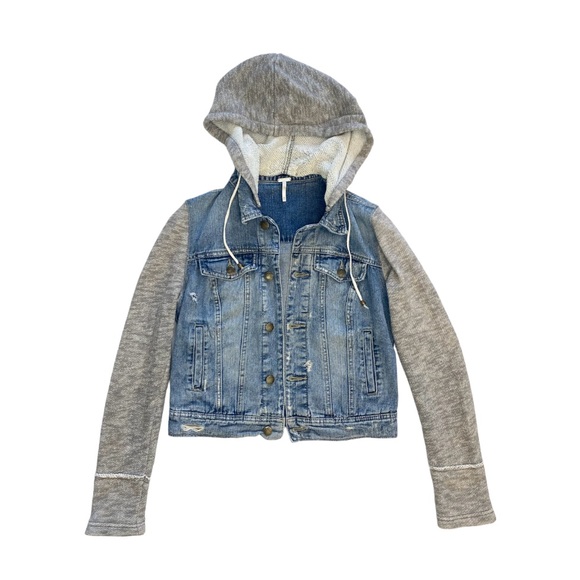 Free People Blue Hooded Distressed Denim Jean Jacket - Picture 5 of 16